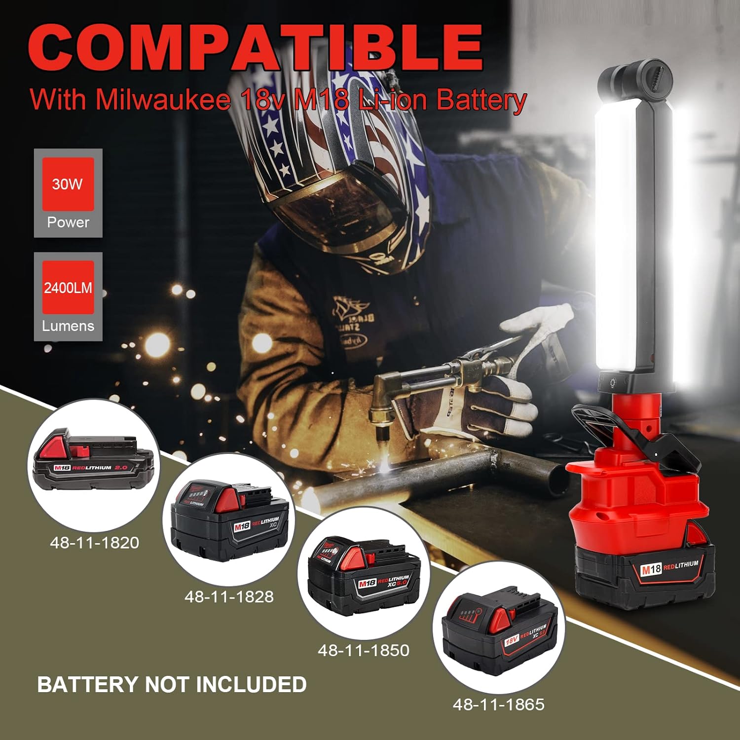 YEX-BUR 30W 2400LM LED Work Light Compatible with Milwaukee 18V Battery, Clip on Light Folding Light Outdoor Floodlight with USB Charging Port, Hooks Large Torch for Car Repairing, Camping, Emergency