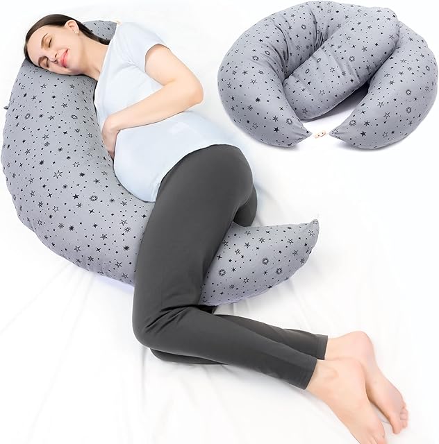 NIRVOMY Pregnancy Pillows for Sleeping with Extra Cover 2PCs - C Shaped Maternity Pillow for Pregnant Women - Nursing Pillows for Bottle-Feeding, Infant Support - Grey, White and Blue (170 x 35 cm)