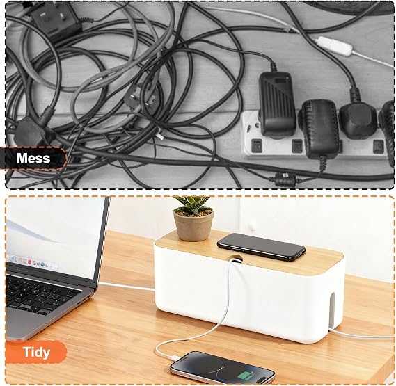 Large Cable Tidy Box, Sturdy Cable Organiser with Bamboo Lid, White