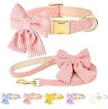 Dog Collar and Leash Set with Bowtie&comma; Girl Dog Collars Metal Buckle Adjustable for Small Medium Dogs &lpar;Pink&comma; M&colon; Neck 13"-22" Leash 5 FT&rpar;