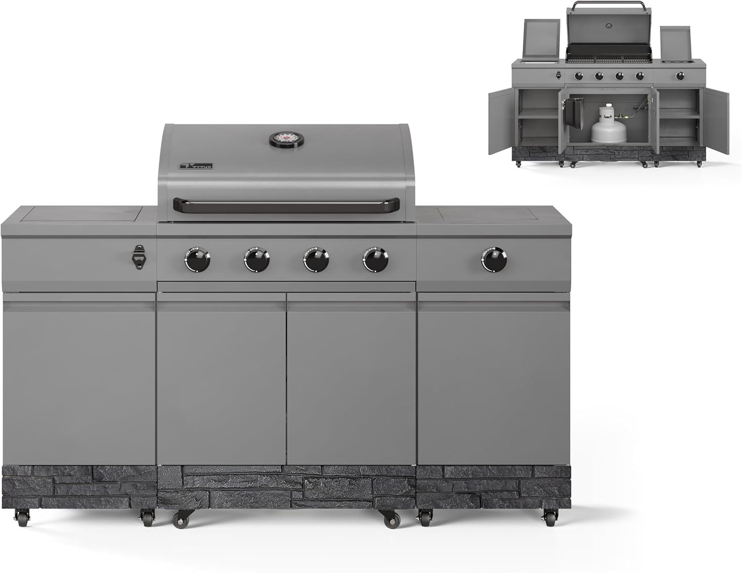 Tytus Fresno 5-Burner Propane or Natural Gas Island Grill – 864 sq. in. Cooking, 48,000 BTU Main + 12,000 BTU Side Burner, Porcelain Grates, Storage Cabinets, Semi-Portable - GM/Graphite Stone