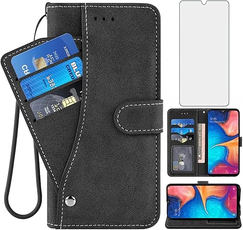 Asuwish - Funda tipo cartera para Samsung Galaxy A20, de piel de lujo, con ranuras para tarjetas de crédito, función atril y función atril