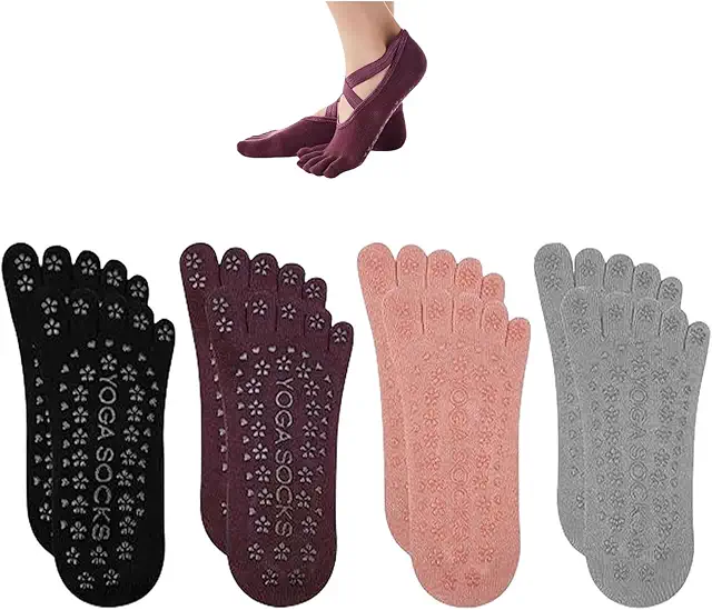 Calcetines de Yoga Antideslizantes para Mujer - 4 Pares con Dedos Separados