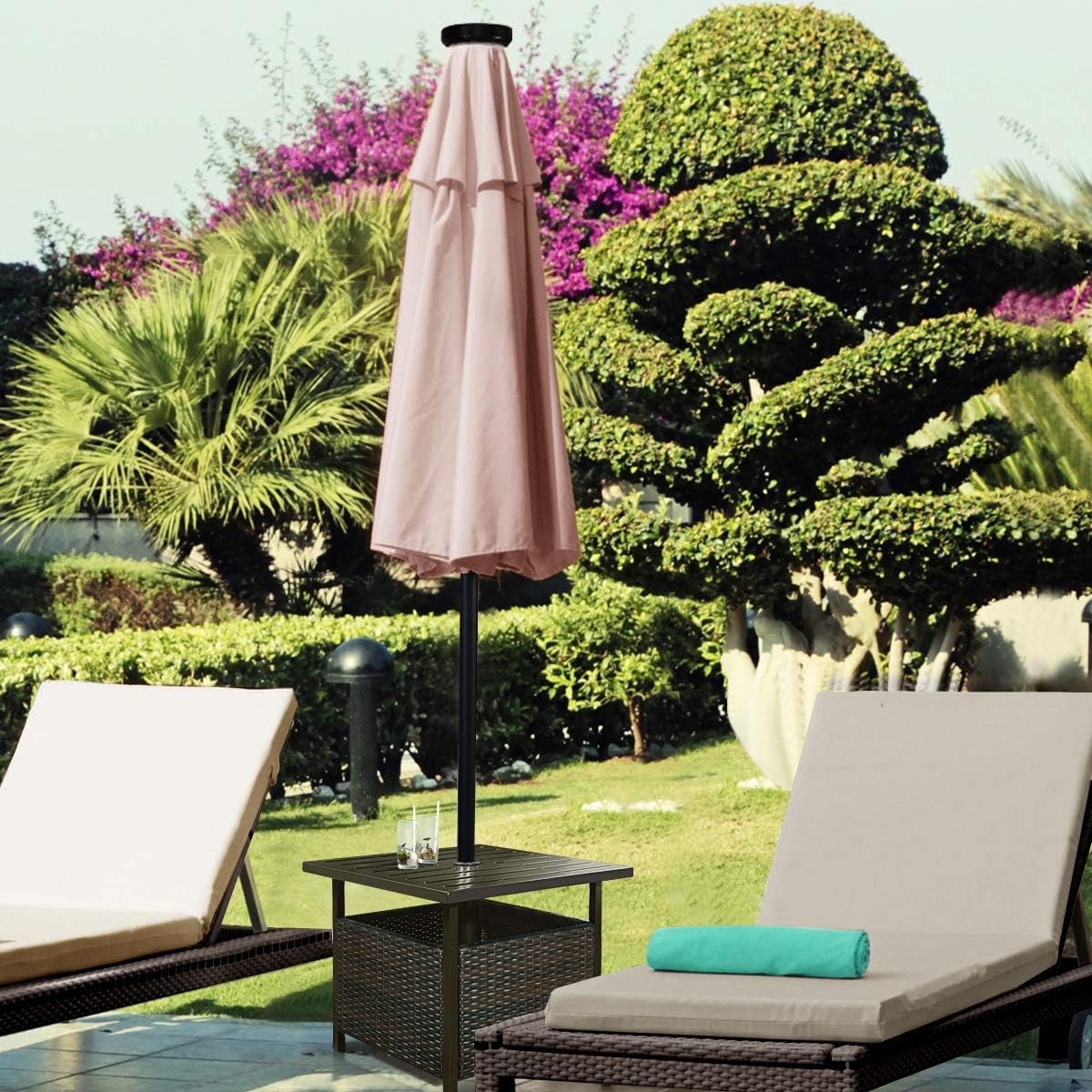Multigot WARMHAND Rattan Garden Side Table Patio Wicker Bistro Dining Tables with Umbrella Hole Pool Umbrella Coffee Table for Backyard Patio and Beach