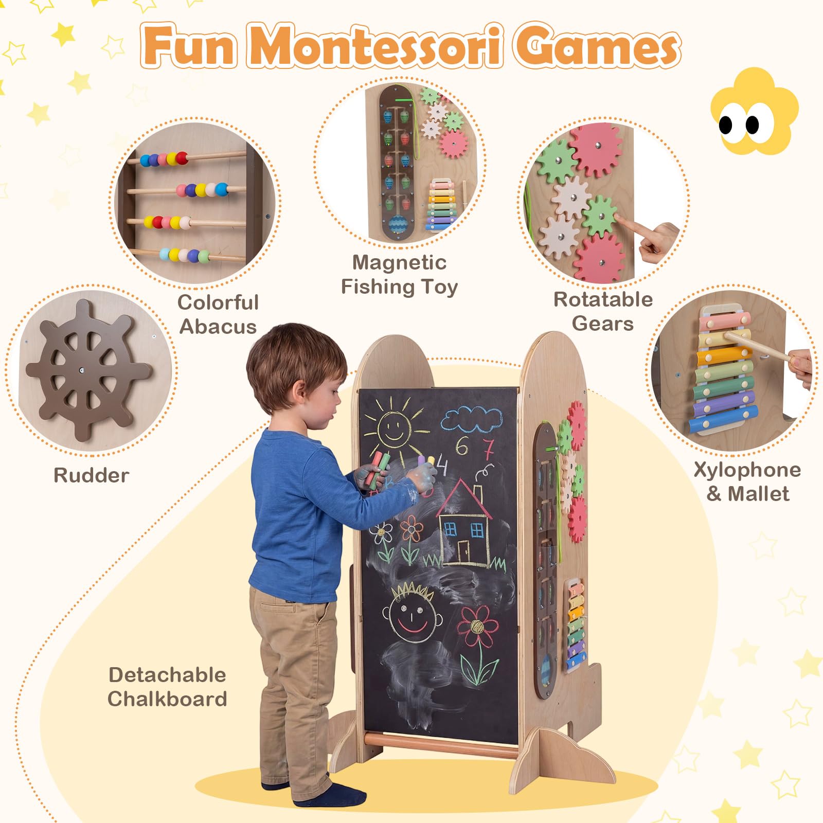 FANTASK 4-in-1 Lernturm mit Rutsche, Kreidetafel und Spielbrett | Multifunktionaler Montessori Lernturm aus Holz mit Trittleiter, abnehmbarer Kreidetafel und Spielbrett für Kinder ab 3 Jahren