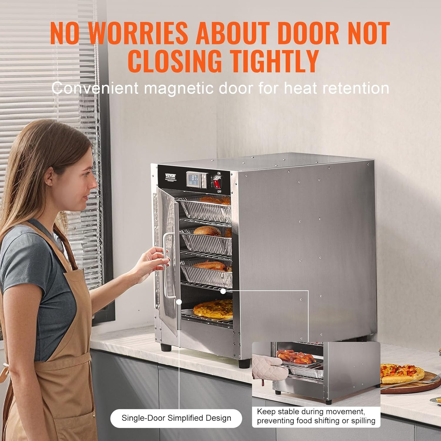 VEVOR Hot Box Food Warmer, 4-Tier Concession Warmer with Water Tray, 4 Pans, Single-Door and Adjustable Shelves, Stainless Steel Food Warmer Cabinet, Ideal for Storing Pizza, Chicken, Restaurant