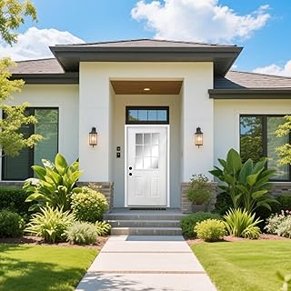 36x80 Fiberglass Entry Door, White Oak Wood Grain, 9 Lite Low-E Glass, Right Hand Inswing, Primed Front Door, 4-9/16 in. Vinyl Frame (White-Right, 4-9/16 in)