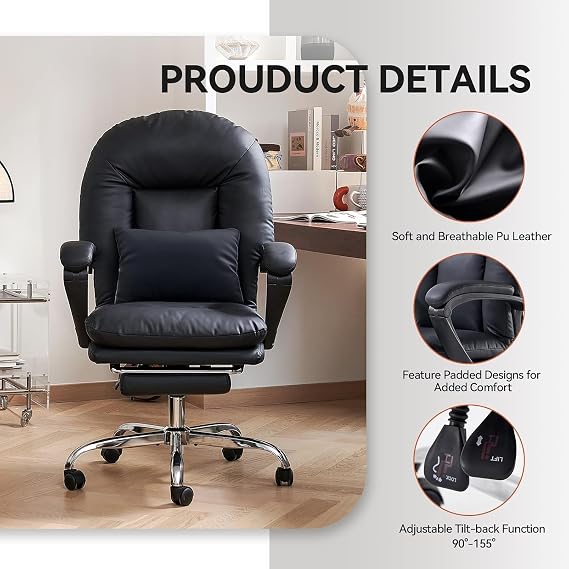 EMIAH Ergonomic Mid-Back Cute Office Chair with Footrest PU Leather Black