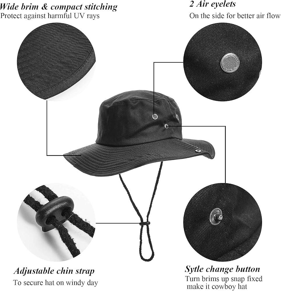 Chapeau Soleil Homme Large Bord UPF50+ - Bob Pêche Safari Boonie Coton Réglable XL