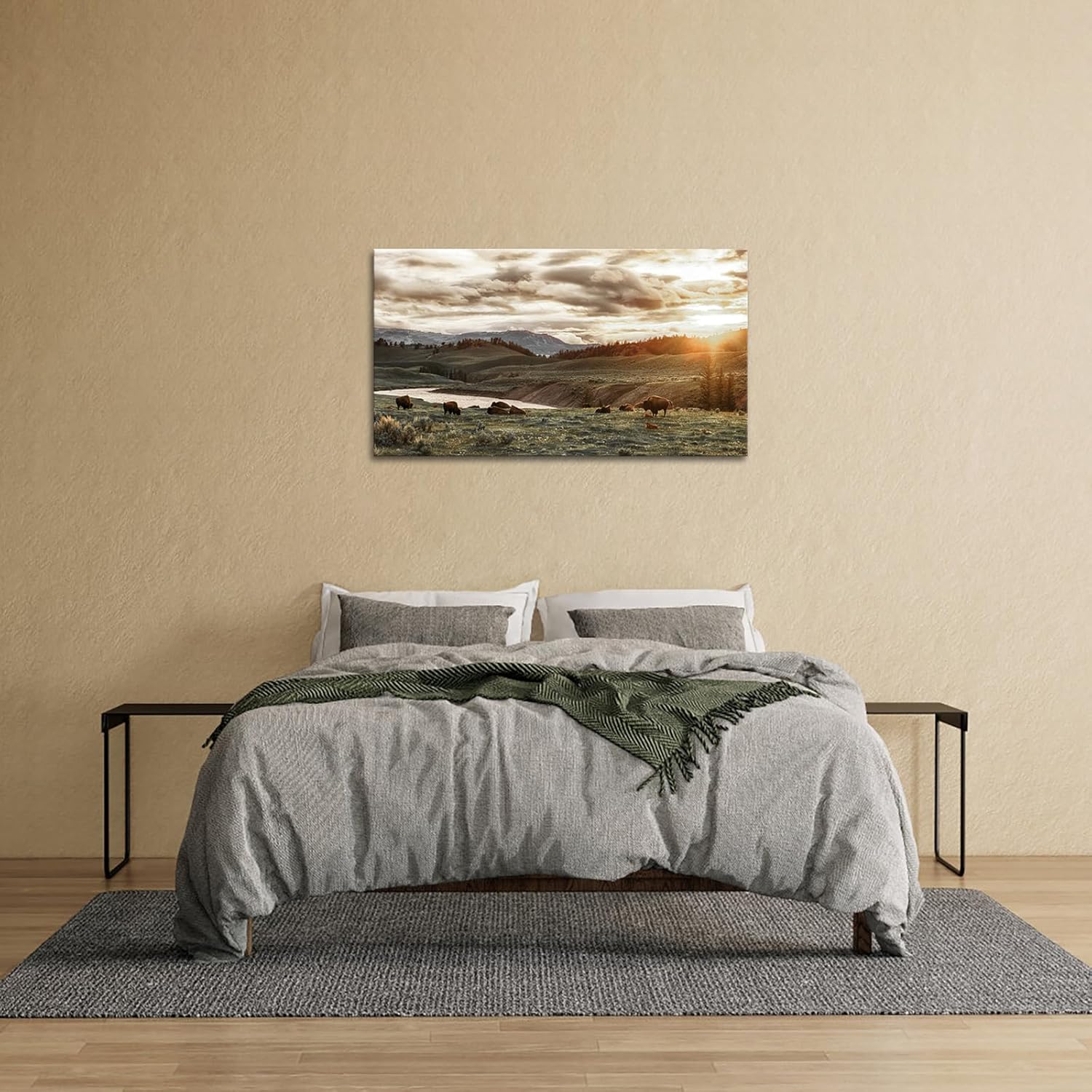 RnnJoile Buffalo Canvas Wall Art Large Herd of Bison Picture Painting Yellowstone National Park Sunset Artworks for Wall Decor 20"x36"