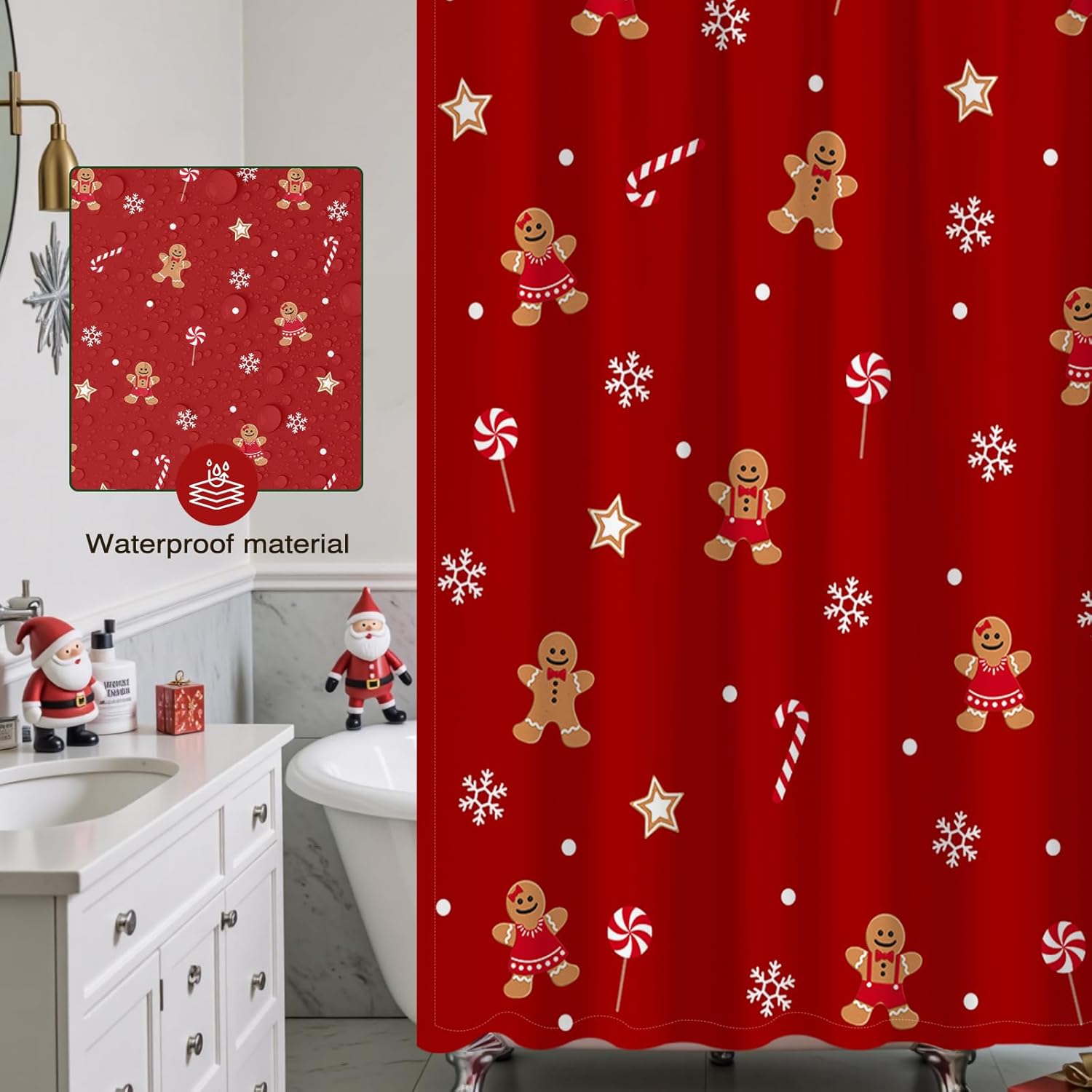 Mocsicka Christmas Shower Curtain Cute Gingerbread-Man Snowflake Shower Curtain for Christmas Bathroom Decor Xmas Candy Stars Holiday Home Decor Bath Curtain for Kids Girls, 72 X 72 Inch