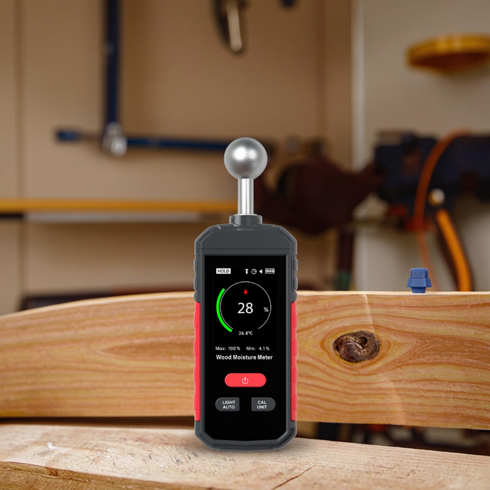 Medidor de madera recargable con sonda de bolas, alarmas ajustables y pantalla de temperatura para materiales de construcción, probador de suelo de pared