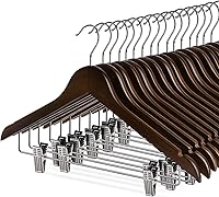 Vista 1 de Perchas de madera con clips, paquete de 16 perchas de madera para faldas con clips, perchas de madera de nogal seleccionada de alta calidad