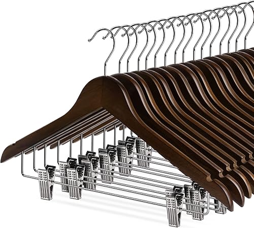 Wooden Clothes Hangers with Clips, 16Pack Wood Skirt Hangers with Clips, High-Grade Selected Walnut Wood Hangers with Sturdy Metal Clips for Pants,
