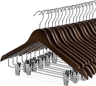 Wooden Clothes Hangers with Clips, 16Pack Wood Skirt Hangers with Clips, High-Grade Selected Walnut Wood Hangers with Sturdy Metal Clips for Pants, Suit, Heavy Winter Coat, Jacket, Formal Dress