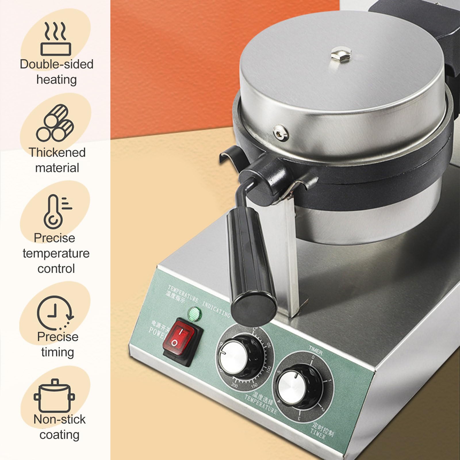 Kommerzieller Burger-Waffel-Bäcker, 1300 W, antihaftbeschichtete elektrische Burger-Presse, Temperaturregelung 50–300 °C, 5-Minuten-Timer, runder Toastie-Maker mit tiefer Füllung,Single