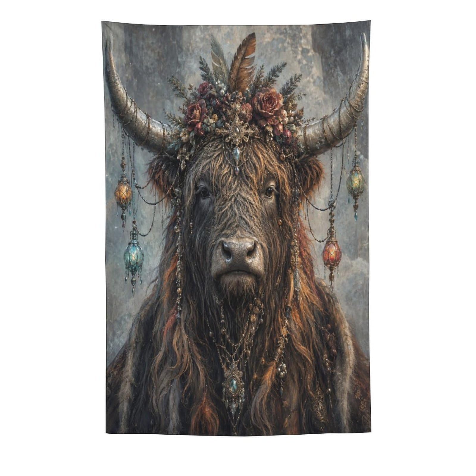 H3B8U2Y5 Highland Cow Boho Portrait Wall Tapestry, Ceiling Hanging