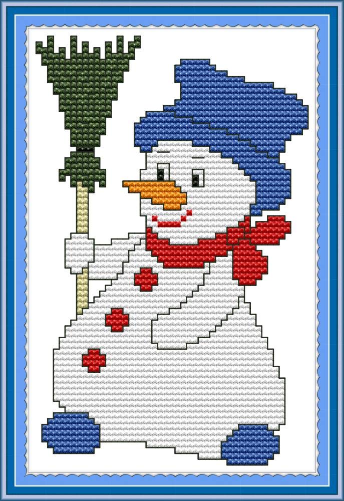 Wowdecor Snowman Cross Stitch Embroidery Kits For Adults Kids, Christmas Little Broom 11Ct Stamped Diy Dmc Needlework Easy Beginners