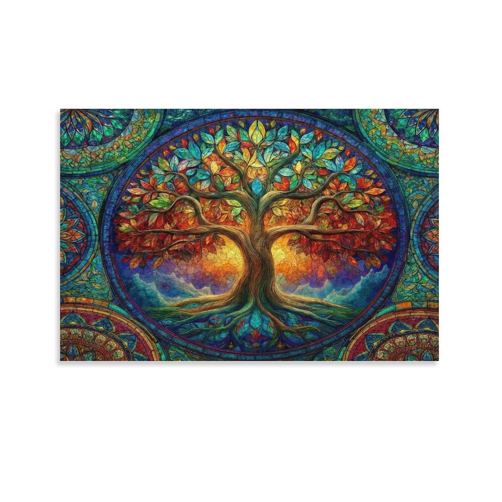 CPLVKWRQJ StainedGlassTree Single Piece Circular Life Tree Vibrant Stained Glass Piece Framed Wall Art - Office Canvas Print Fade Resistant Wall Focal Art Decor 24x36inch(60x90cm)