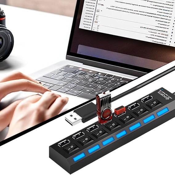 Powered USB Hub | High Speed Multi-Port Splitter | Multipurpose USB Hub with Individual Button for Video Editing Trading Desk Remote Work Travel Classroom Co-Working Space Studio