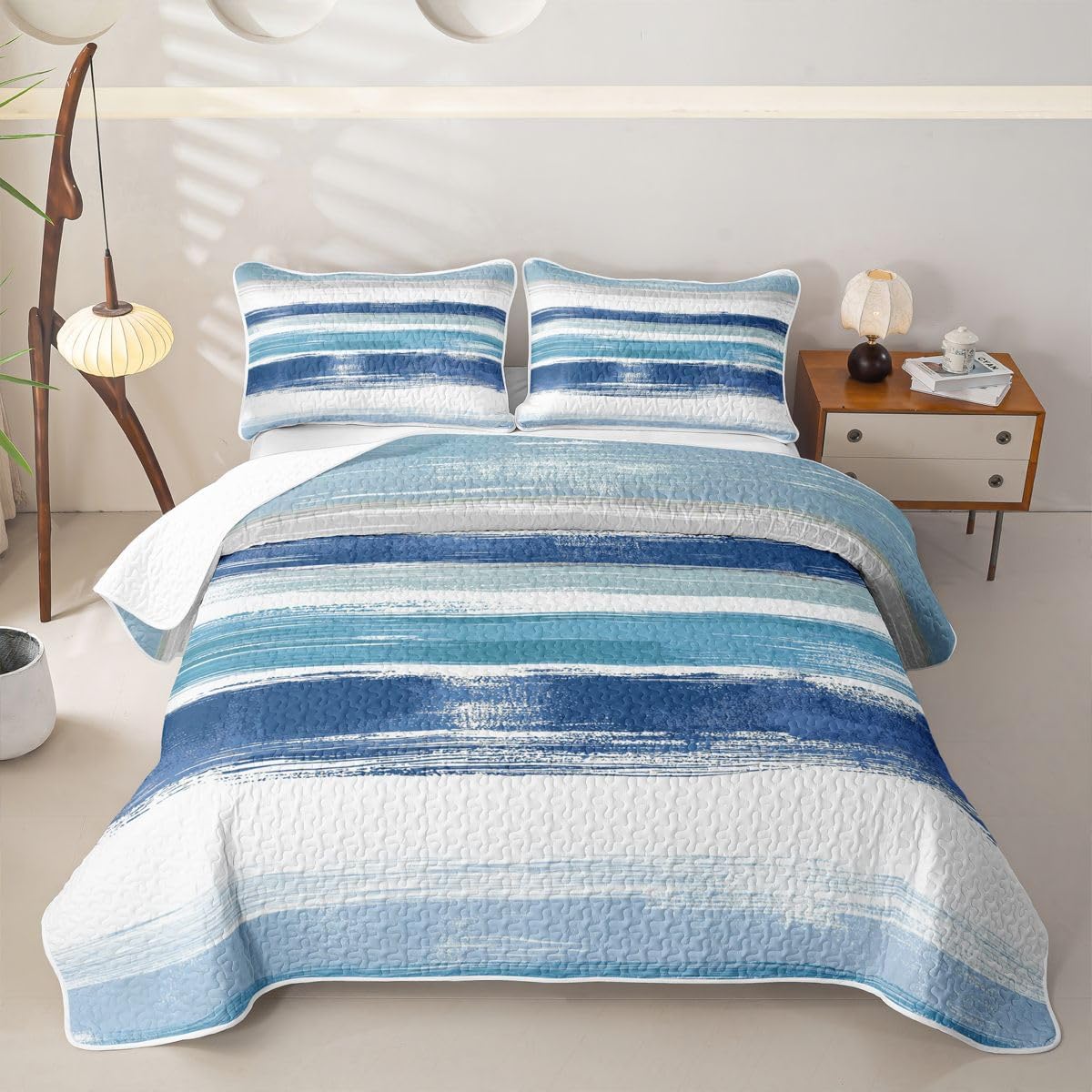Erosebridal Navy Blue and White Quilt Set Queen Size, Ombre Abstract Art Modern Quilt Bedding Set, Gradient Striped Breathable Quilts for Boys Girls, Retro Grunge Ocean Bedspread Coverlet