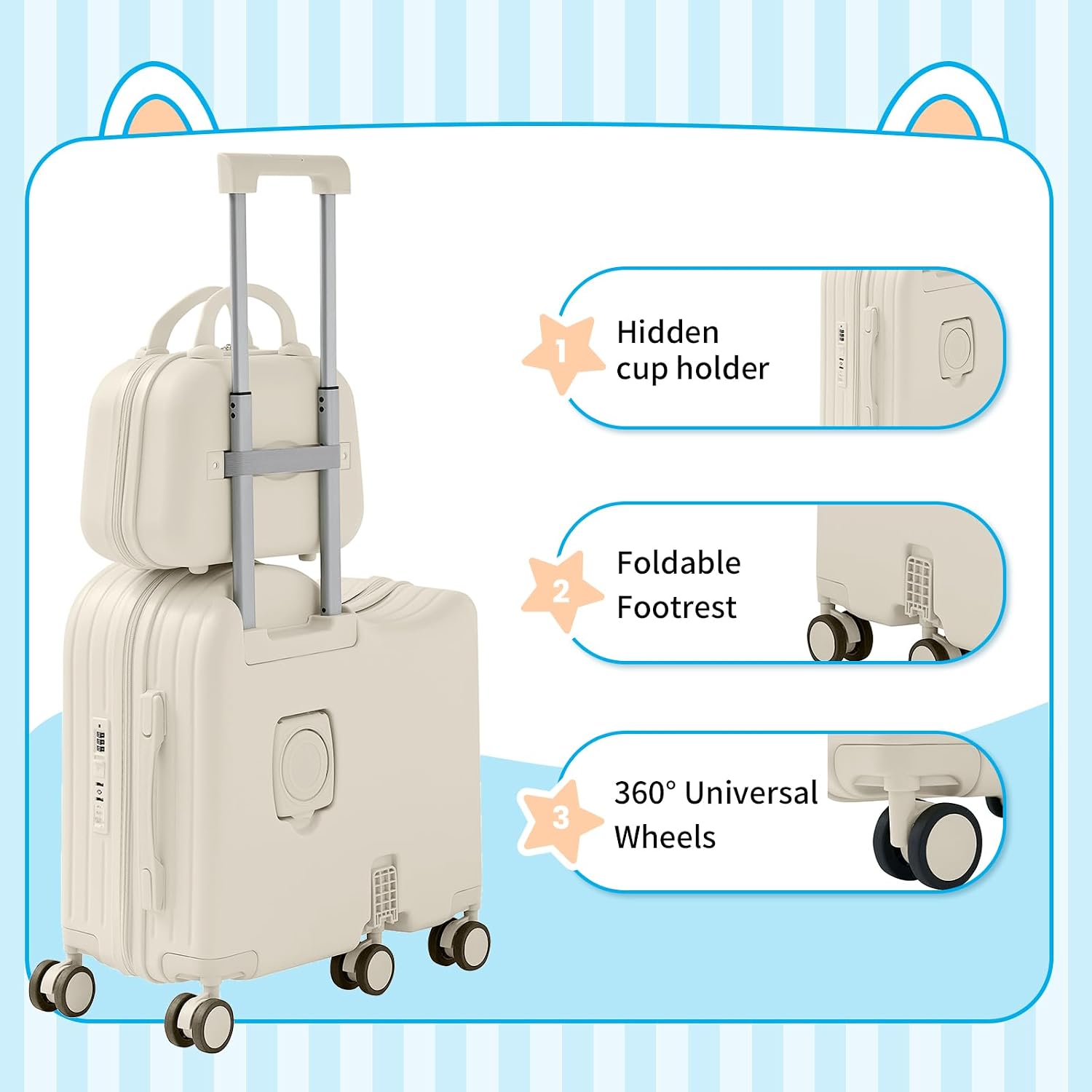 TABU Ride-on Luggage with Portable Bag for Kids，Hardshell Carry On Suitcase with Hidden Cup Holder, Foldable Pedal,Type-C & USB Interface, TSA Lock, 6-Spinner Wheels, White