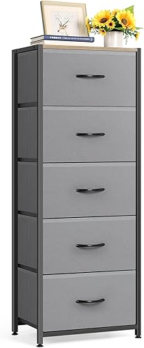 Miniatura 1 de MOOACE Cómoda de 5 cajones para dormitorio, cajones altos de almacenamiento de tela, unidad organizadora de torre con parte superior de madera para