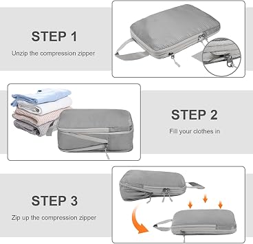 Compression Packing Cubes,Travel Storage Bag, Travel Packing Essentials for Suitcase Organizer Bags, Packing Organiser for Carry On Luggage (Grey, Set of 4)