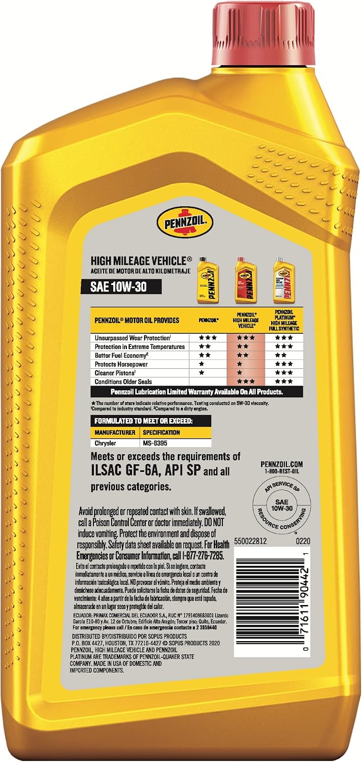 Pennzoil High Mileage Conventional 10W-30 Motor Oil for Vehicles Over 75K Miles (1-Quart, Case of 6)