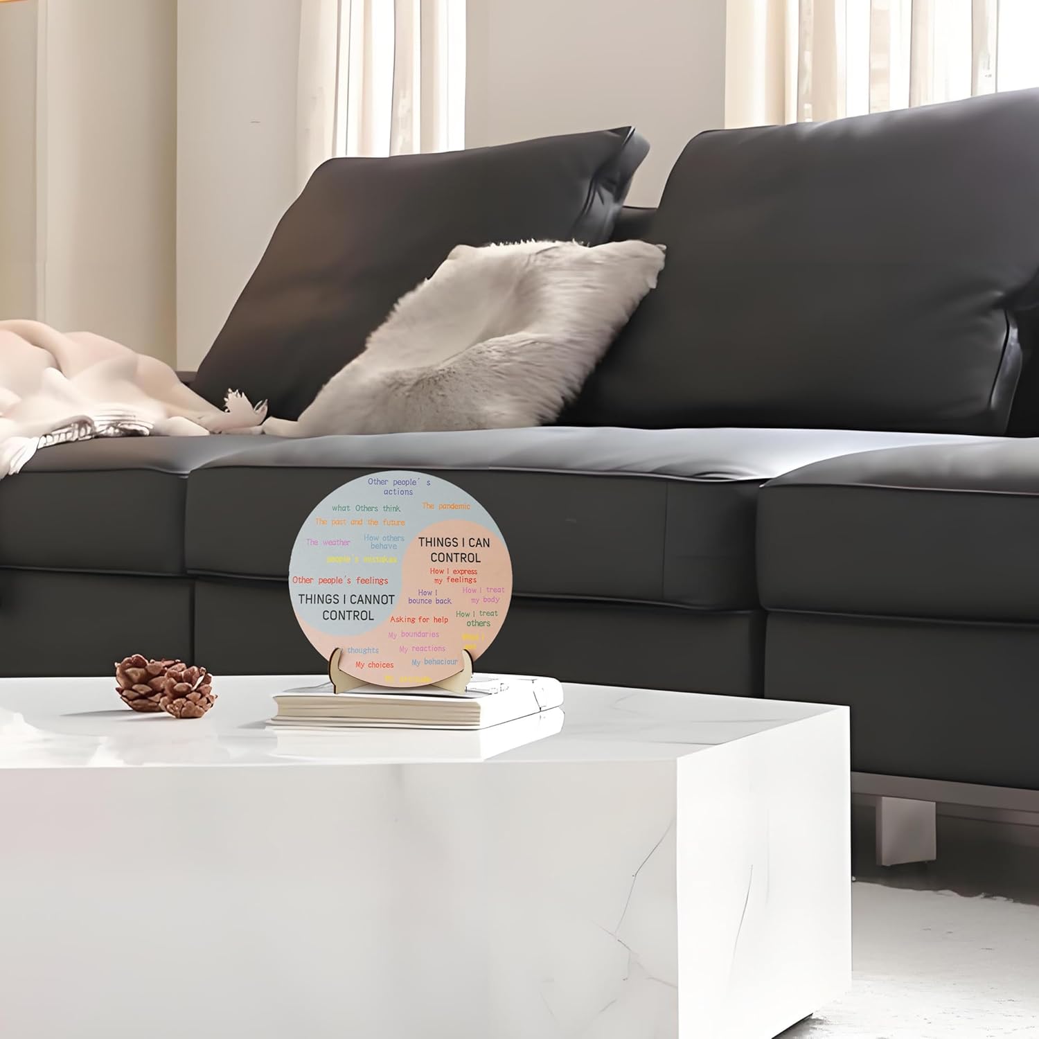 10.6IN Feelings Wheel Therapy Tabletop Decor, Wooden Double-Sided Mental Health Mood Chart with Stance As a Gift for Consulting Therapists, Social Workers, School Counselors, and Home Office Decor - Image 4