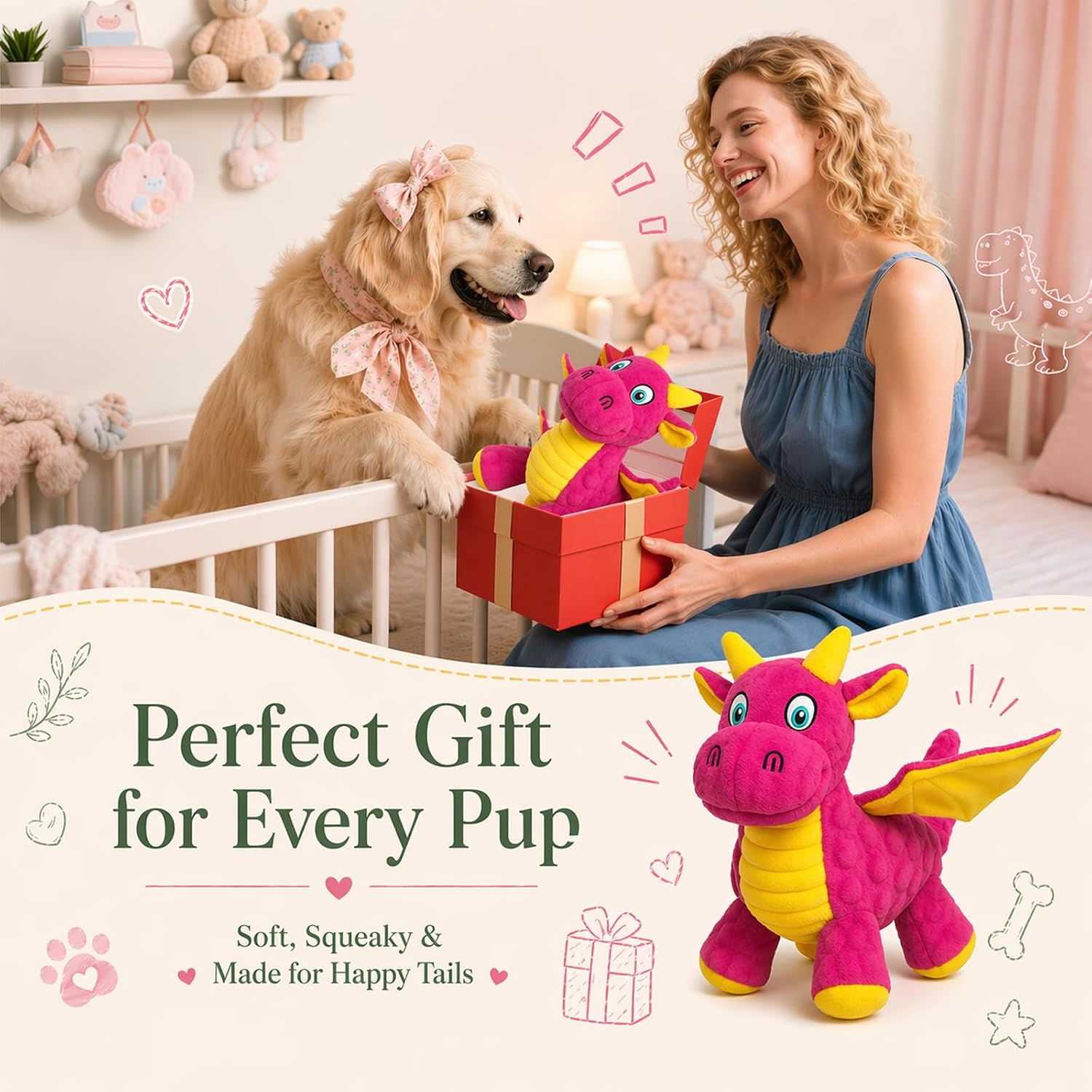 Squeaky Dog Toys - Cute Plush Dragon Dog Toy with 5 Squeakers & Crinkle Paper, Pink Dog Toy Gift for Small, Medium and Large Dogs (Pink,10")