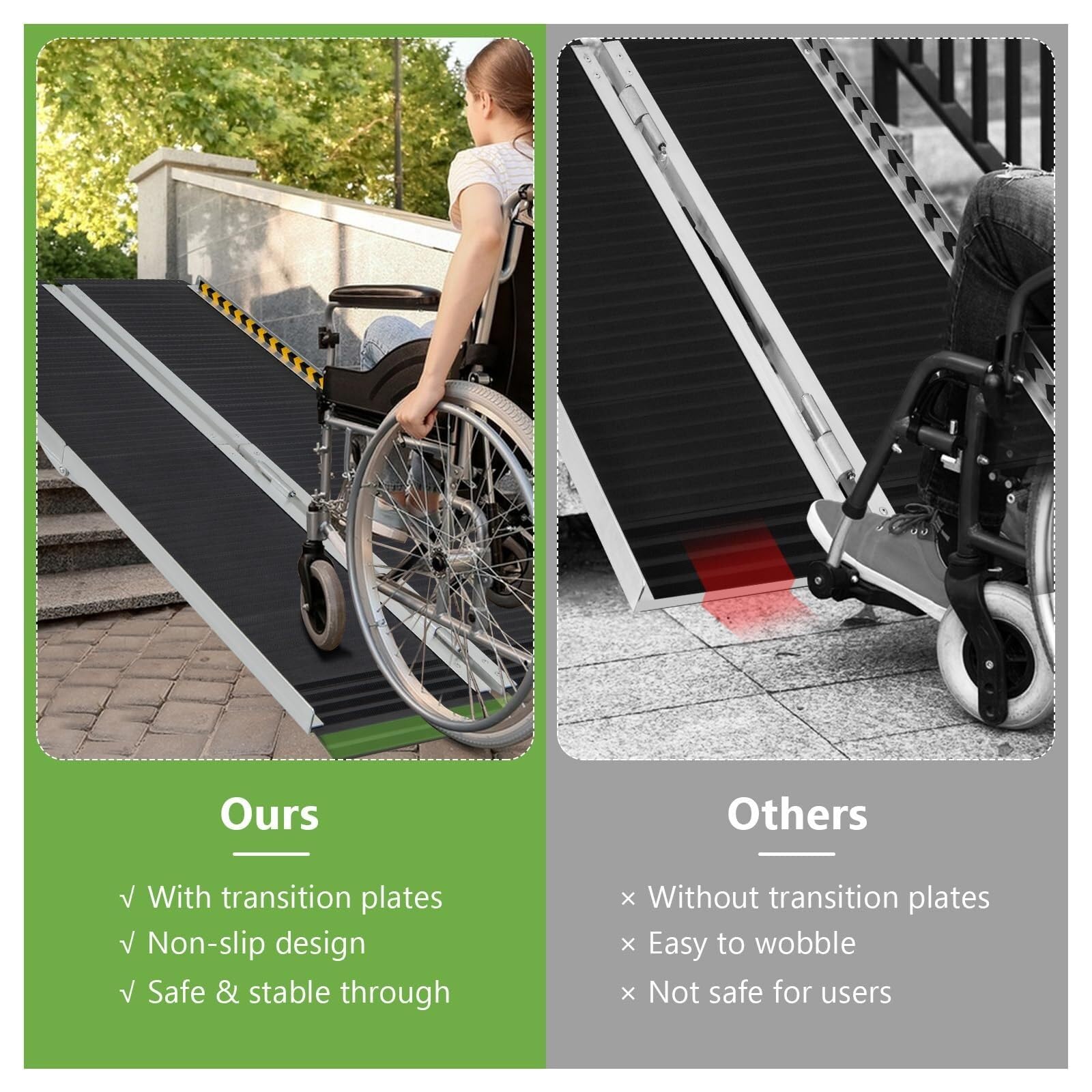 Rampa para silla de ruedas de 3 pies, 4 pies, 5 pies, 6 pies, rampa plegable de aluminio portátil con placa de transición y calcomanías reflectantes de advertencia, umbral antideslizante para