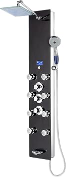 Blue Ocean 52 Aluminum SPA331B Tempered Glass Thermostatic Shower Panel Tower Column with Rainfall Shower Head, 8 Multi-Functional Nozzles, and Tub Spout Premium Black