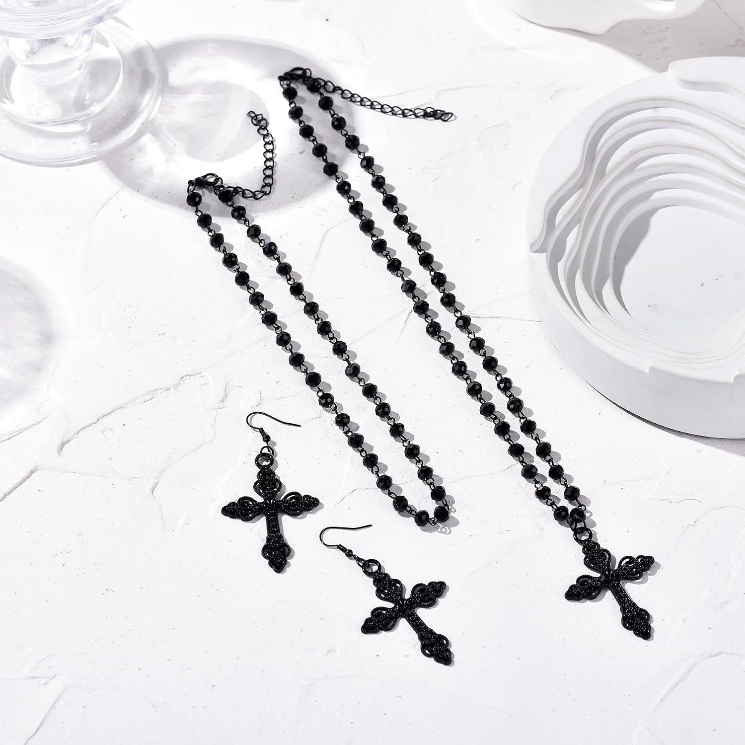 Gothic Black Cross Necklaces Cross Earrings Halloween Jewelry Set for Women
