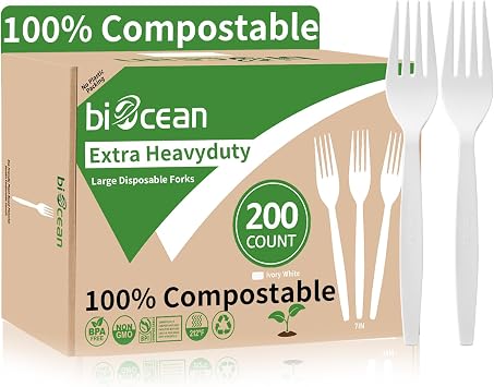 Extra Heavyduty Compostable Forks [200 Count,7In] Disposable Cutlery No Plastic Forks Large Biodegradable Utensils Eco Friendly Silverware Serving Flatware for Party,Daily Use,BBQ,Picnic