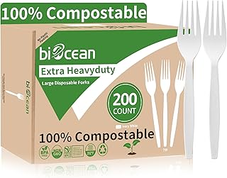 Extra Heavyduty Compostable Forks [200 Count,7In] Disposable Cutlery No Plastic Forks Large Biodegradable Utensils Eco Friendly Silverware Serving Flatware for Party,Daily Use,BBQ,Picnic