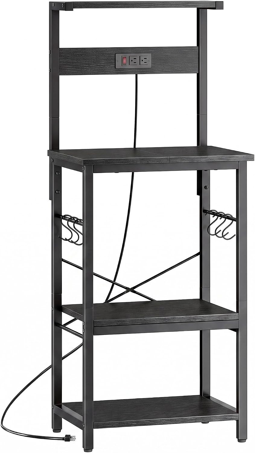SUPERJARE 4 Tier Bakers Rack with Power Outlets, Microwave Stand with Adjustable Shelf, Kitchen Shelf Organizer for Small Space, Coffee Bar with 6 S Hooks, Kitchen Storage Rack, Black