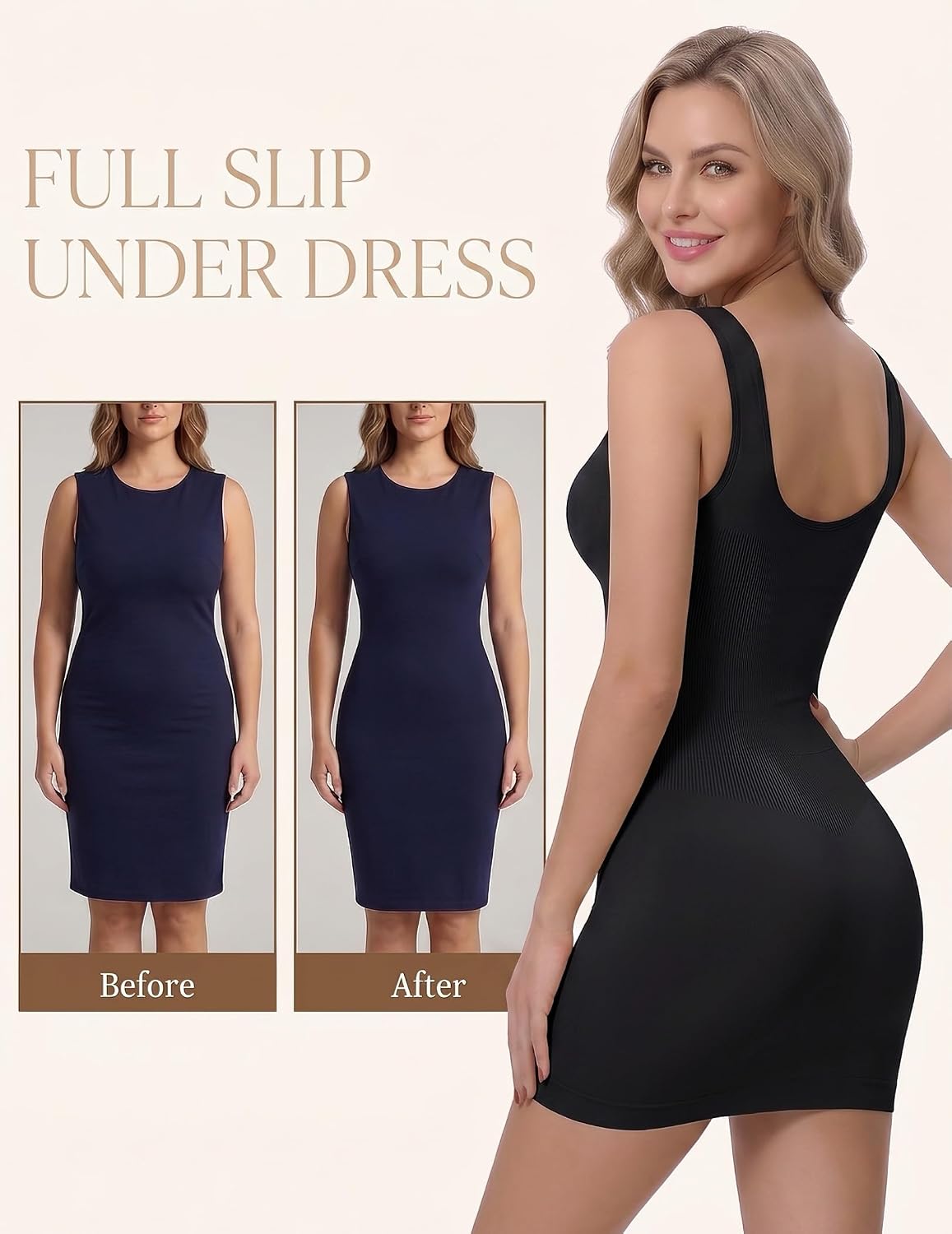 Shapewear Dress for Women, Tummy Control Lace Trim Under Dress, V Neck Wide Strap Seamless Body Shaper image 5