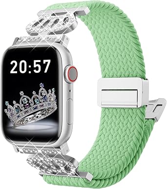 Braided Stretchy Bands with Magnetic Clasp for Apple Watch Band 40mm 38mm 41mm 42mm 44mm 45mm 46mm 49mm, Bling Crown Designer Soft Nylon Sport Solo Loop for iWatch Series 10 9 8 7 6 5 4 3 Ultra 2 1 SE