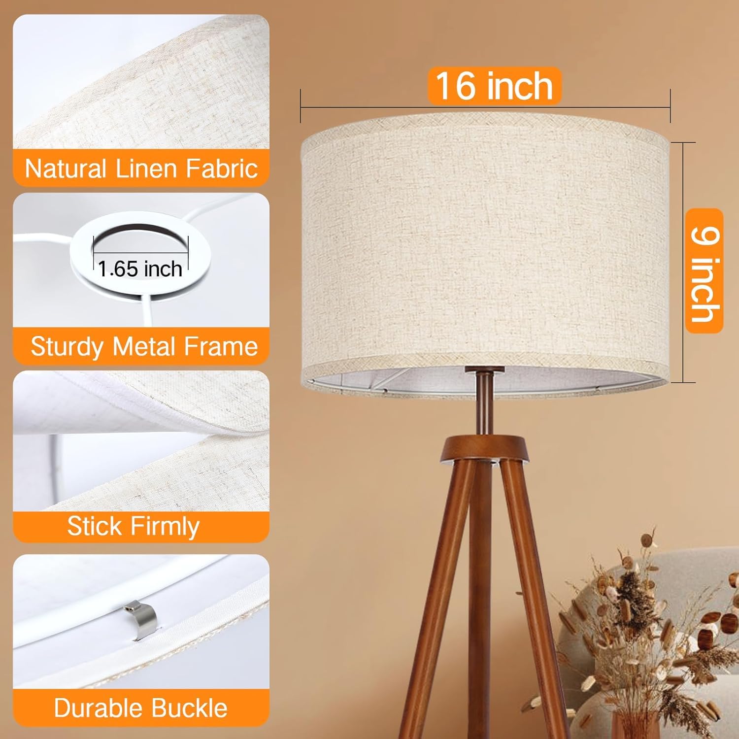 OUTON Blanc Grand Abat-jour pour Lampadaires, 40,6cm x 40,6cm x 22,9cm, Facile à Monter, Abat-jour de Remplacement en Forme de Tambour en Lin pour Lampes de Table