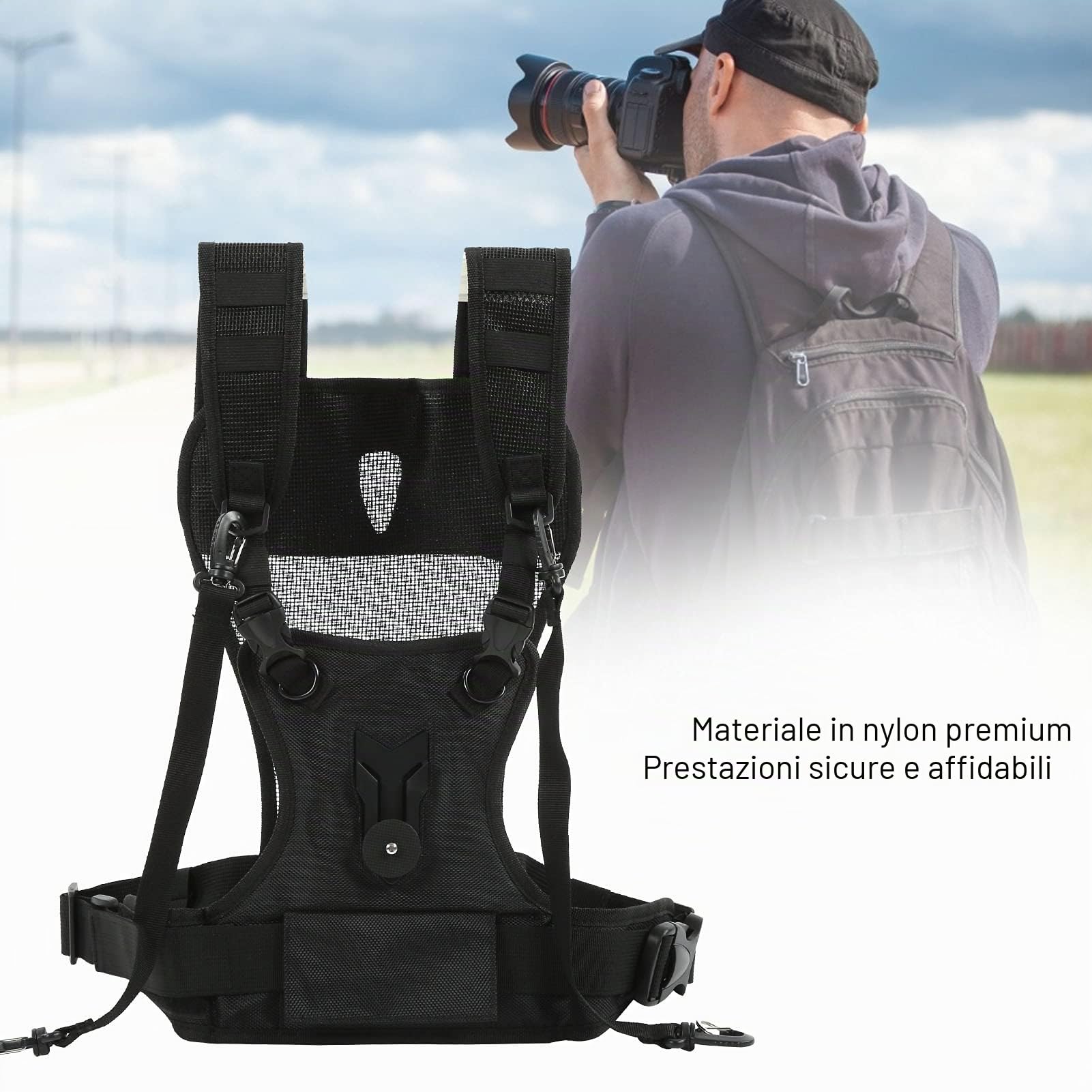 Cinghia per doppia fotocamera, imbracatura per doppia fotocamera regolabile multi-trasporto con fondina laterale e cinghia di sicurezza, comoda tracolla per fotocamera a doppia spalla per fotografo