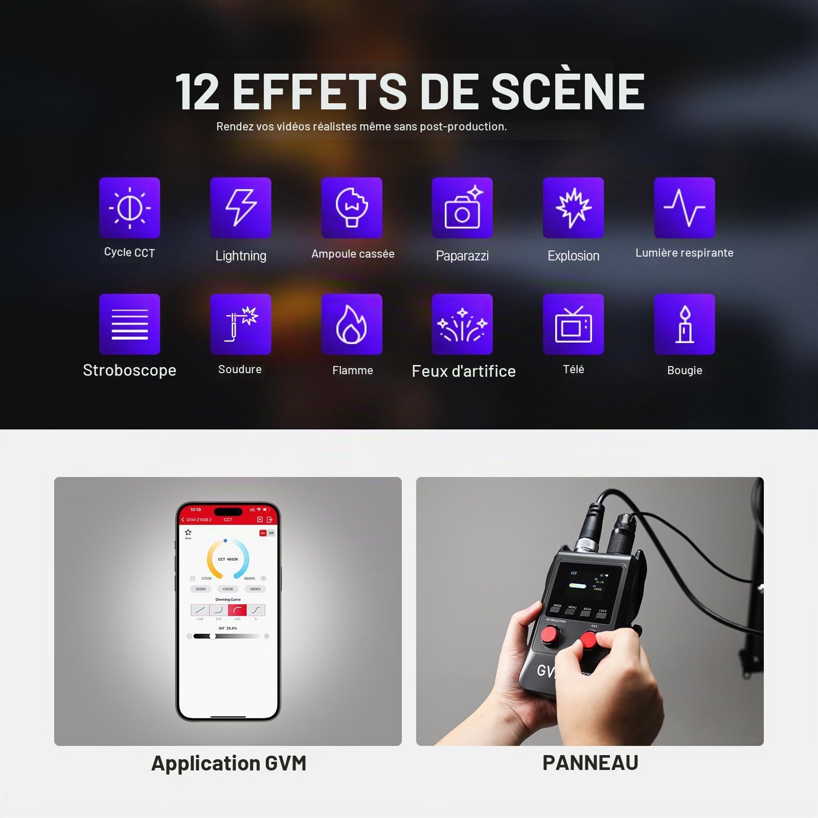 GVM ZipTile Z150B Lampe vidéo LED Flexible Bicolore 2700 K ~ 6800 K, 15500 lux/m 150 W, 12 Effets d'éclairage avec boîte à lumière Grille nid d'abeille, Prise en Charge par Application de contrôle