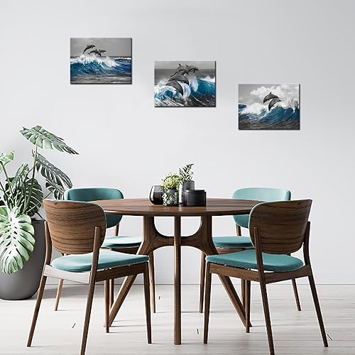 Miniatura 5 de Biuteawal 3 piezas de arte de pared de delfín gris azul océano océano animal imagen decoración de baño pintura marina impresiones sobre lienzo