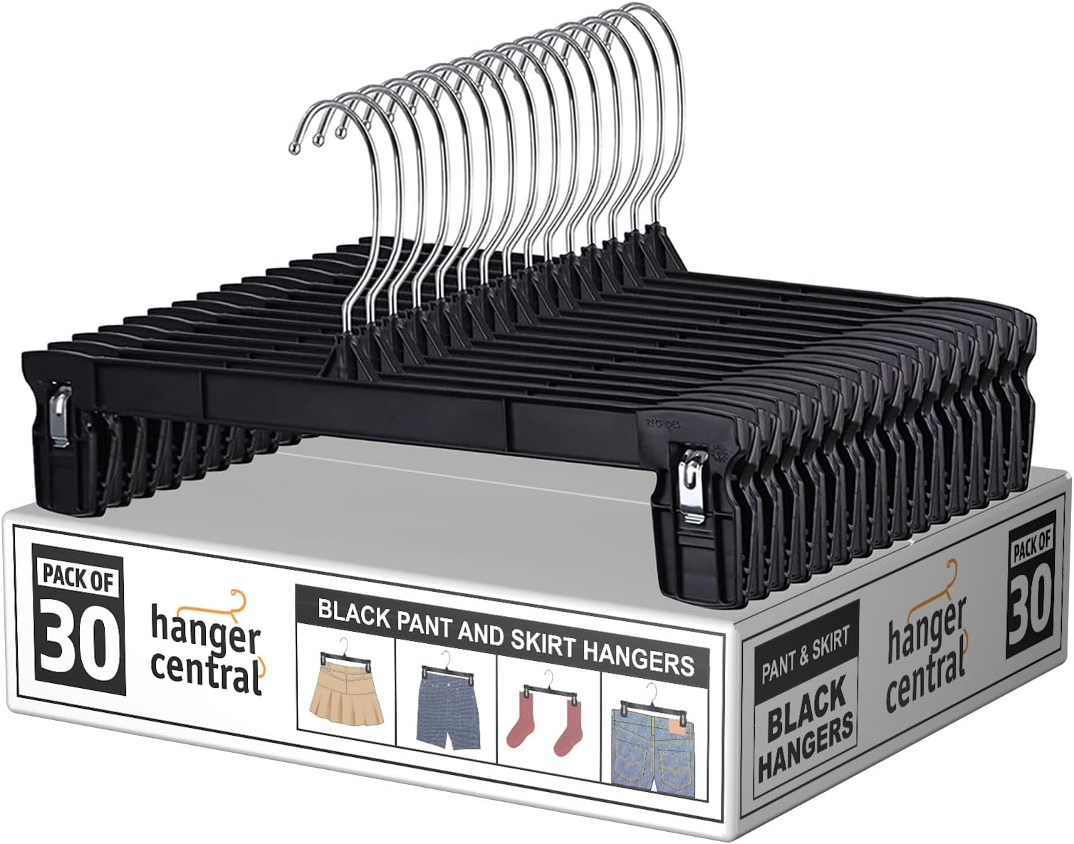 Hanger Central Space Saving 30 Pack, Heavy Duty Slim Plastic Pants Hangers, Ridged Non-Slip with Pinch Clips, 360-Rotating Chrome Swivel Hook, in Black, 10/12/14 Inch (12")