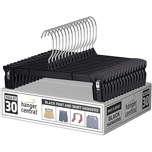Hanger Central 30 Pack Pants Hangers – 12 Inch Slim Plastic Clothes Hangers with Clips for Skirts, Shorts & Trousers – Non Slip Grip, Heavy Duty Space Saver with Swivel Hook – Black Closet Organizer