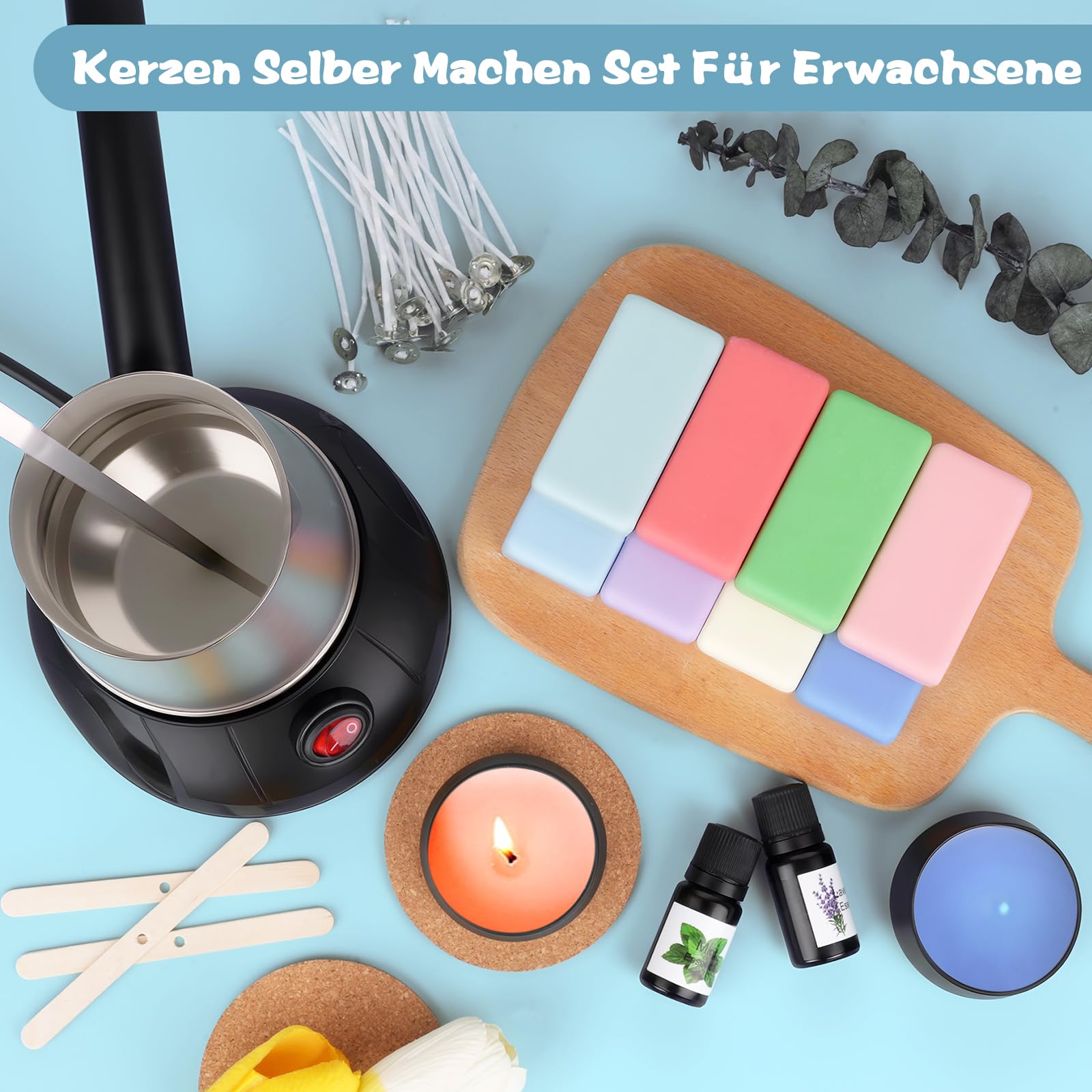 Kerzen Selber Machen Set, Elektrischer Wachsschmelzer, 480g Farben Natürliches Sojawachs, Kerzenherstellung Kit für Erwachsene Zubehör mit Kerzendosen, Duftöl, Kerzendochte Dochthalter Dochtaufkleber