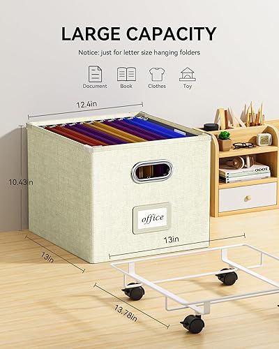Miniatura 5 de Oterri Caja de archivos, caja de archivos mejorada, cajas de archivos fáciles de deslizar para colgar archivos con tapa, archivador rodante de lino,