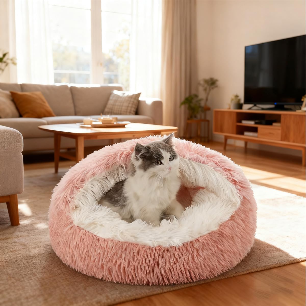 Cat Cave Small Dog Bed, Plush Cover Pet House with Non-Slip Bottom Machine Washable Hooded Sleeping Cushion, Warm Kitten Puppy Beds Igloo Calming Nest (Pink,L-50cm)