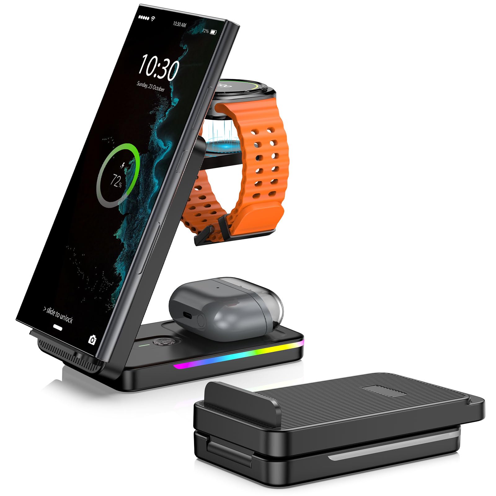 Wireless Charger for Samsung Charging Station, Foldable Travel Wireless Charger for Galaxy S25 Ultra/S24 Ultra/S23/Z Flip 6, for Samsung Galaxy Watch Ultra/8/7/6, Galaxy Buds 2