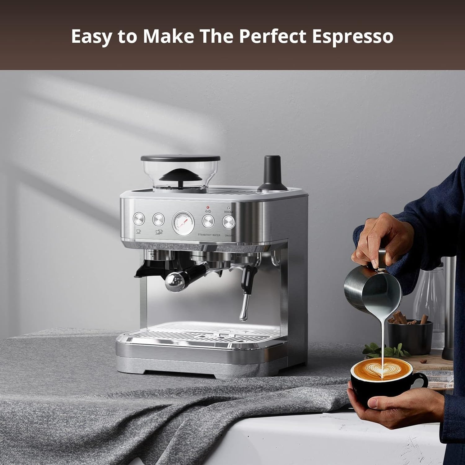PortoAlegre Macchina per Caffè Espresso Professionale con Macinacaffè Integrato e Schiumatore Latte, 15 Bar, Serbatoio 2.3L, 1350W, Acciaio Inox - Ideale per Cappuccino e Caffè in Grani